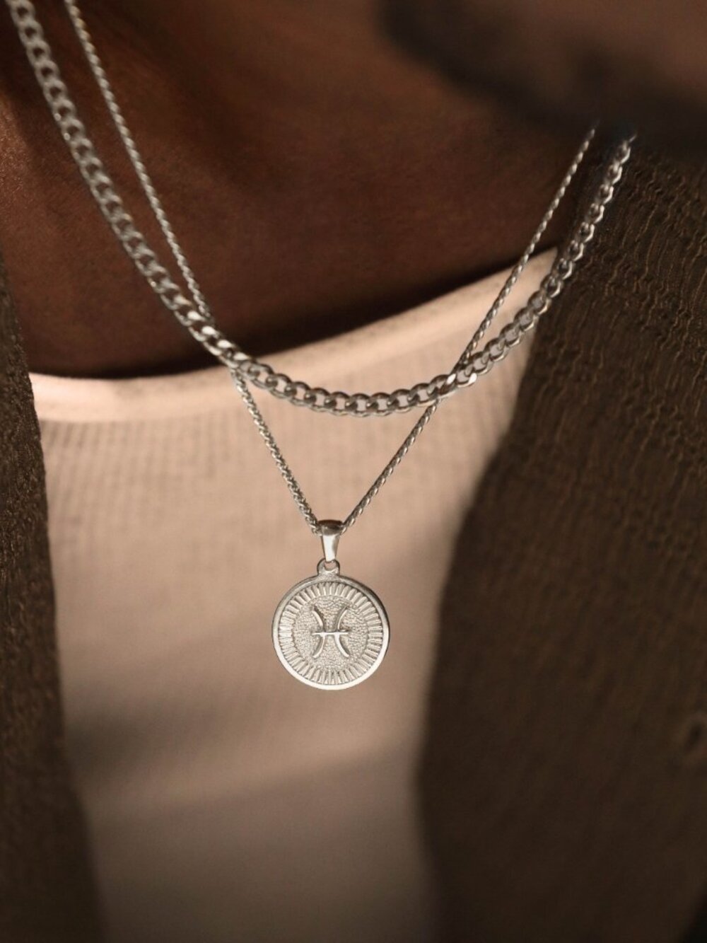 Men's Silver Pisces Pendant Necklace Set